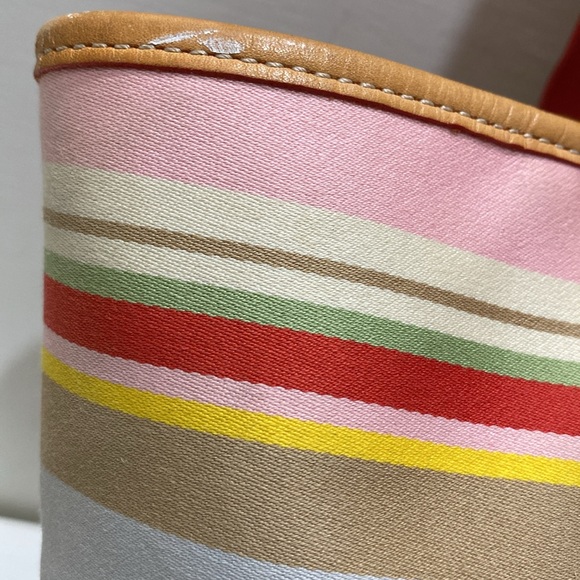 COACH (#4435) Multicolored Striped Fabric/ Tan Leather Shoulder/ Tote Bag - Picture 7 of 16